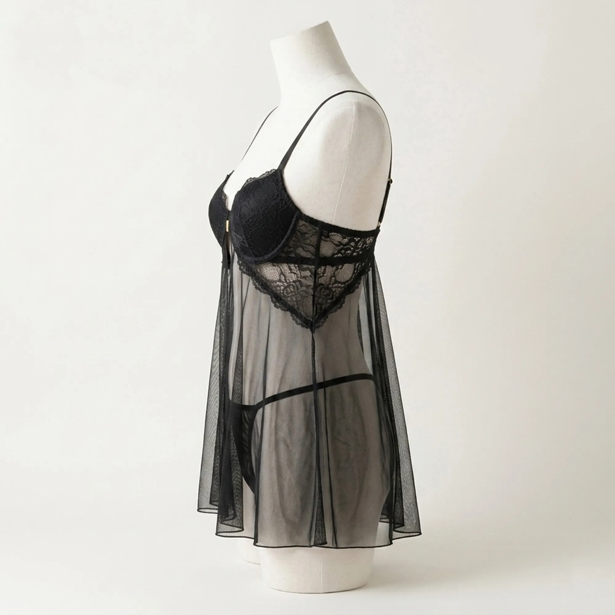 Black-sheer-lace-babydoll-lingerie-set-with-adjustable-straps-and-matching-thong