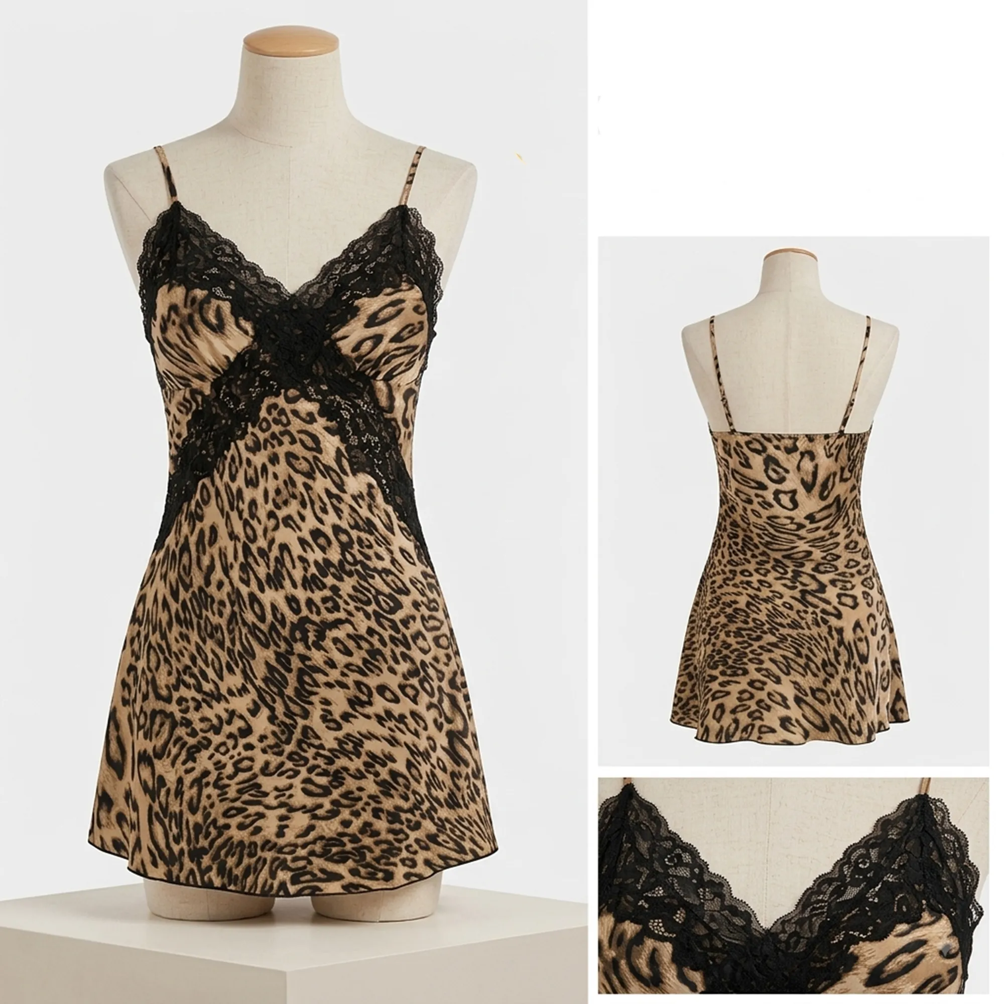 Leopard-print-lace-slip-dress-for-women-with-black-lace-detailing