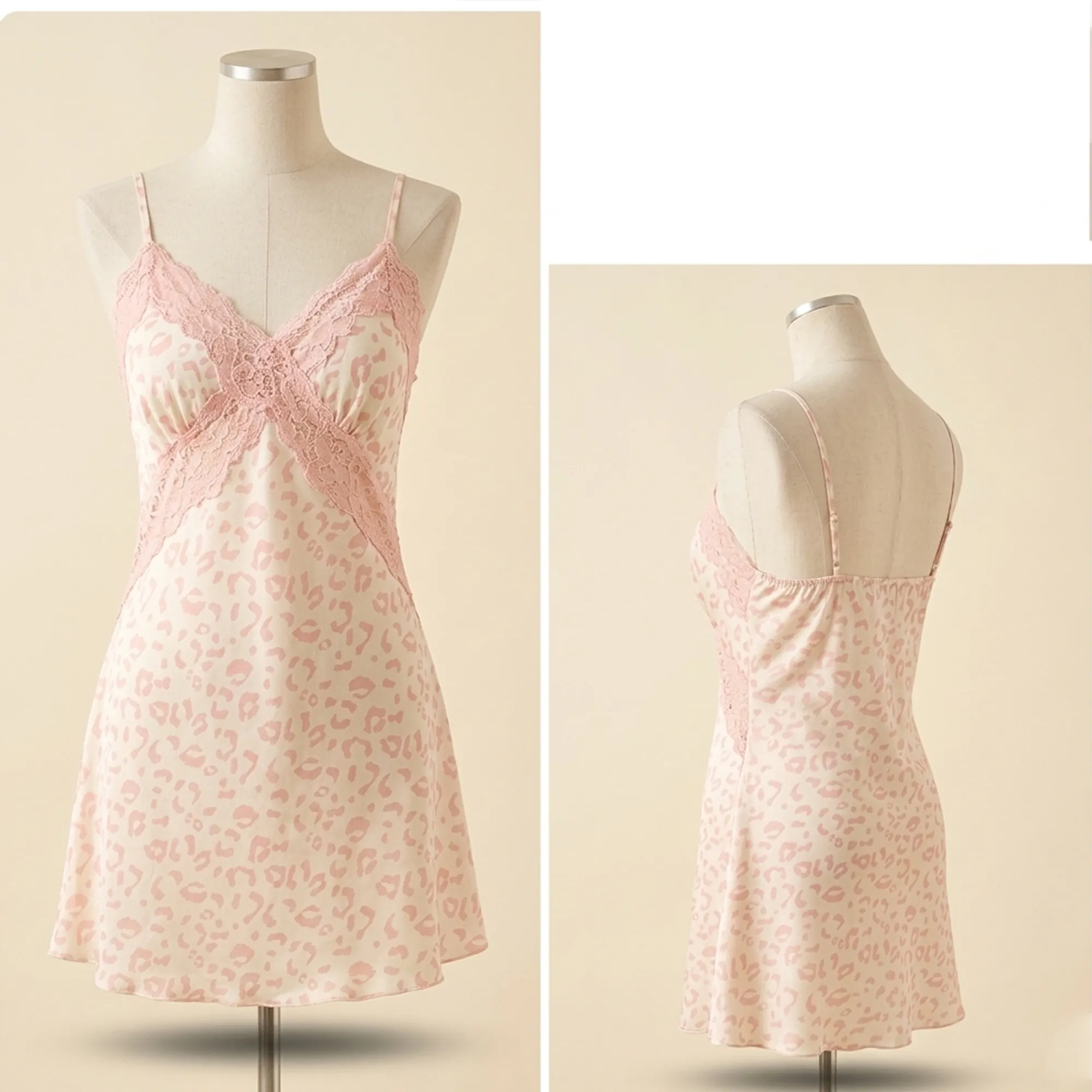 Pink-leopard-print-lace-slip-dress-with-satin-finish-and-spaghetti-straps