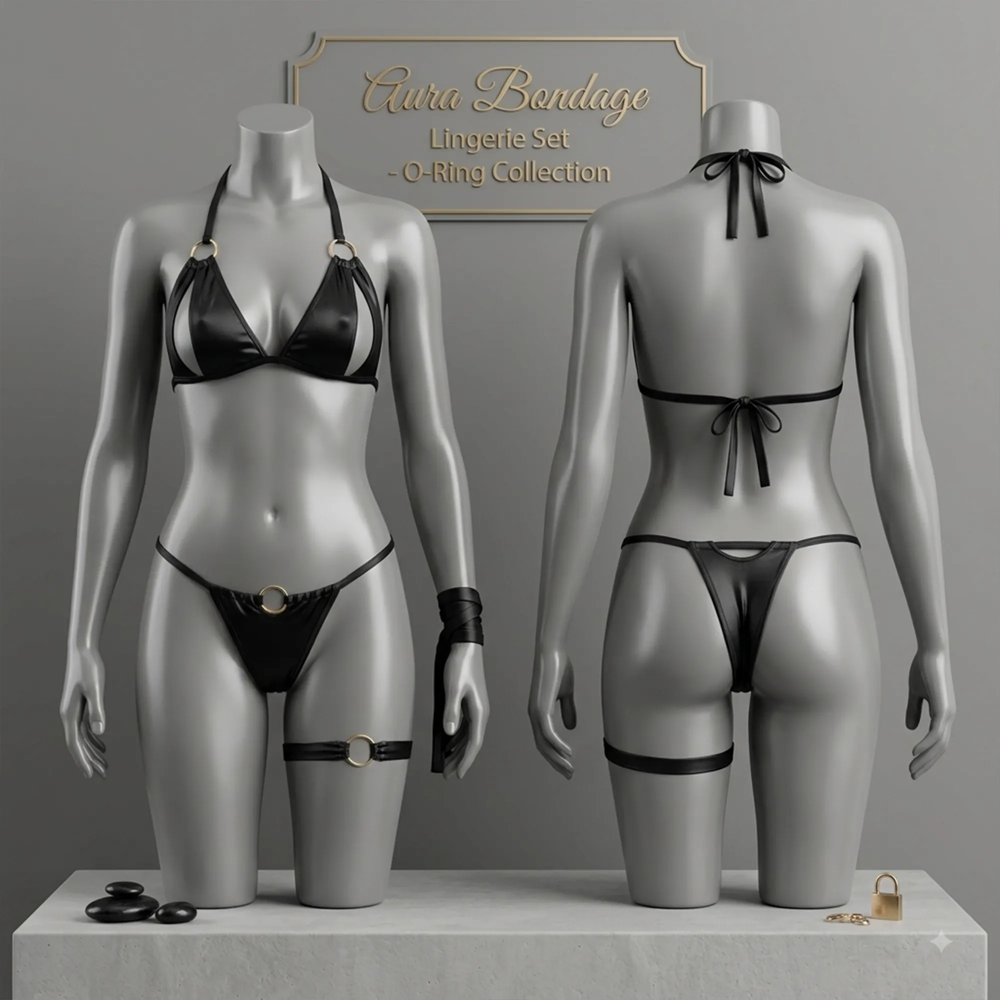 Black-satin-lingerie-set-for-women-with-halter-bra-strappy-thong-and-thigh-garter