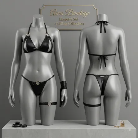 Black-satin-lingerie-set-for-women-with-halter-bra-strappy-thong-and-thigh-garter