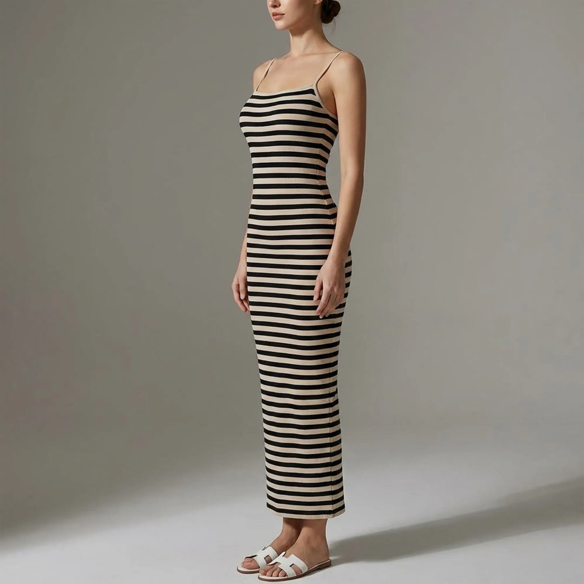 Black-and-white-striped-maxi-dress-for-women-front-and-back-view