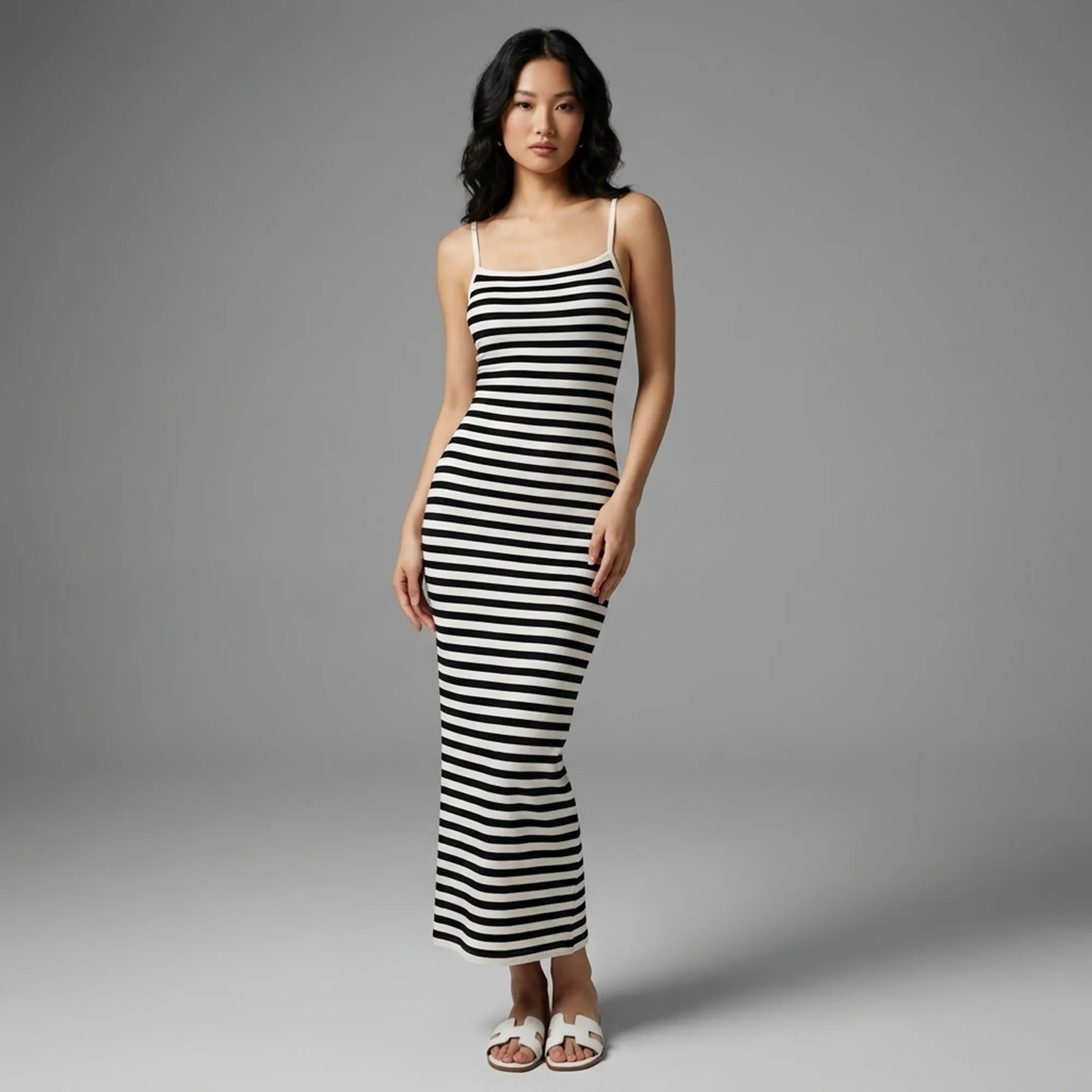 Black-and-white-striped-maxi-dress-for-women-front-and-back-view