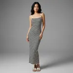Black-and-white-striped-maxi-dress-for-women-front-and-back-view