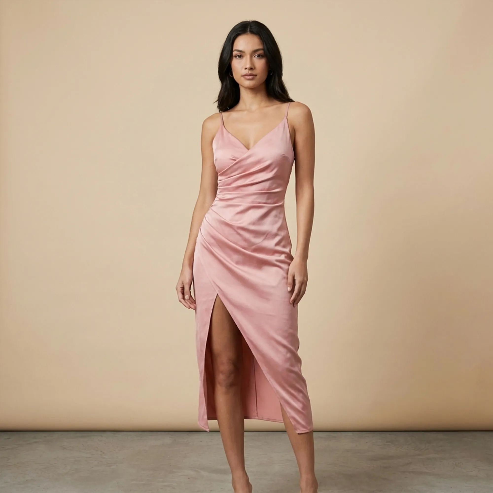 Pink-satin-ruched-slip-dress-for-women