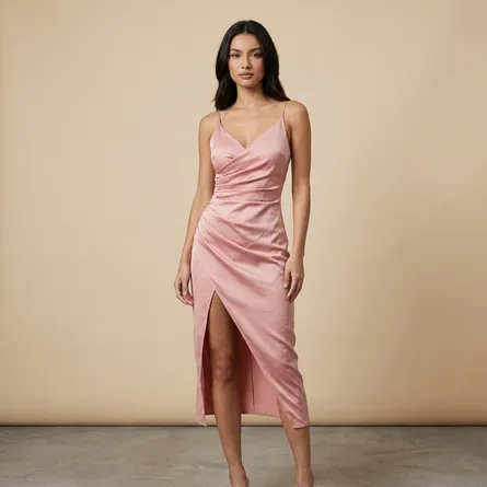 Pink-satin-ruched-slip-dress-for-women