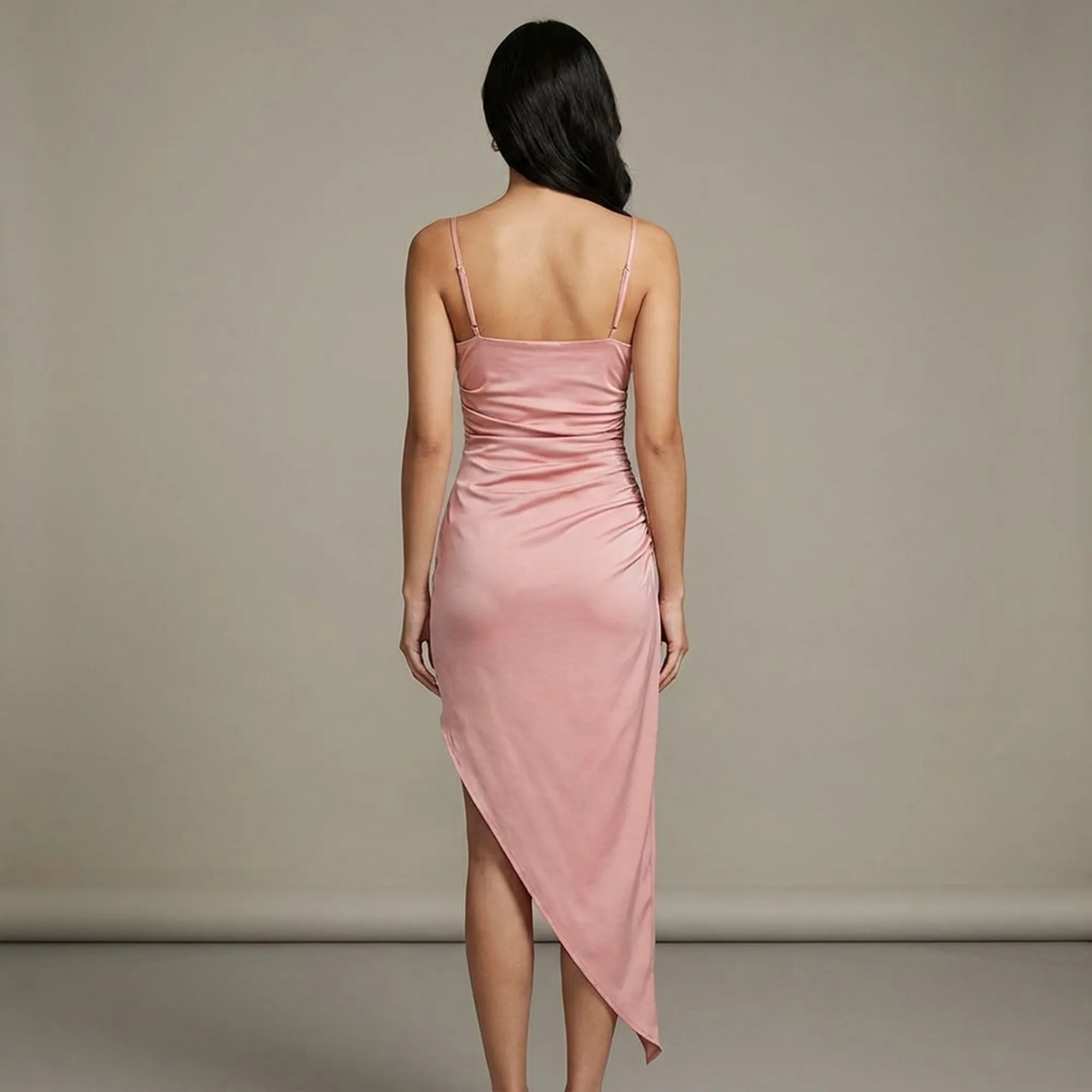 Pink-satin-ruched-slip-dress-for-women