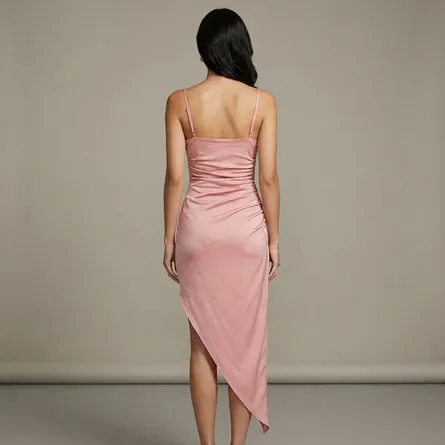 Pink-satin-ruched-slip-dress-for-women