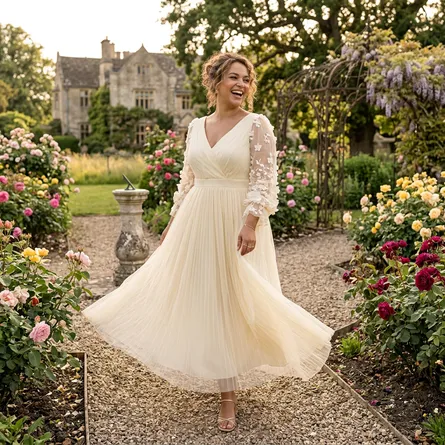 Cream-pleated-maxi-dress-for-women-with-floral-applique-sheer-sleeves