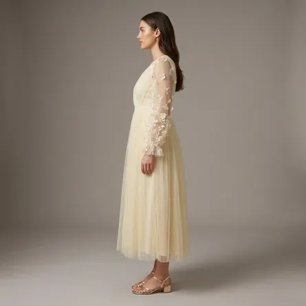 Cream-pleated-maxi-dress-for-women-with-floral-applique-sheer-sleeves
