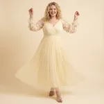 Cream-pleated-maxi-dress-for-women-with-floral-applique-sheer-sleeves