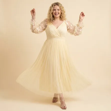 Cream-pleated-maxi-dress-for-women-with-floral-applique-sheer-sleeves