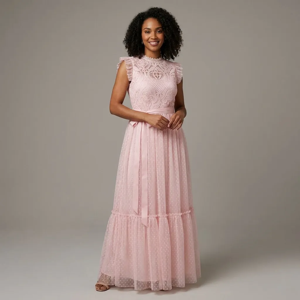Pink-lace-maxi-dress-back-view-with-ribbon-waist-bow-and-tiered-tulle-skirt