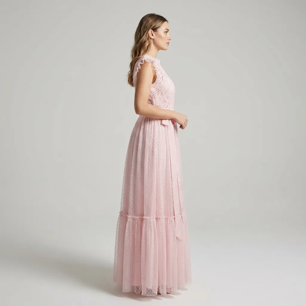 Pink-lace-maxi-dress-back-view-with-ribbon-waist-bow-and-tiered-tulle-skirt