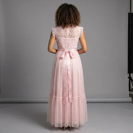 Pink-lace-maxi-dress-back-view-with-ribbon-waist-bow-and-tiered-tulle-skirt