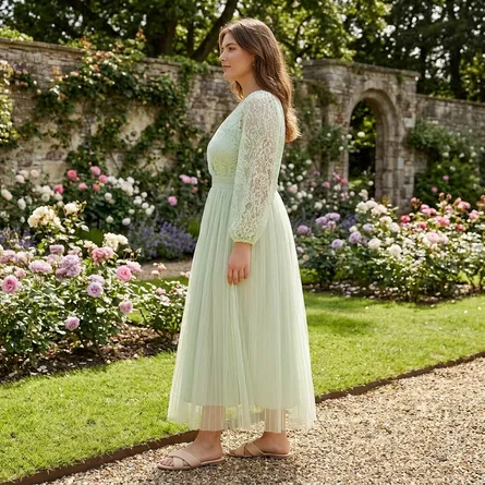 Mint-green-lace-maxi-dress-for-women-with-pleated-skirt-and-sheer-lace-sleeves