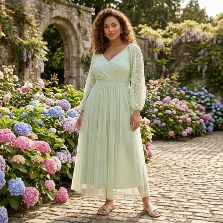 Mint-green-lace-maxi-dress-for-women-with-pleated-skirt-and-sheer-lace-sleeves