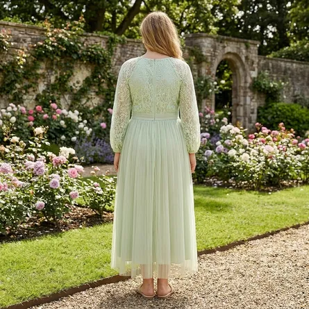 Mint-green-lace-maxi-dress-for-women-with-pleated-skirt-and-sheer-lace-sleeves