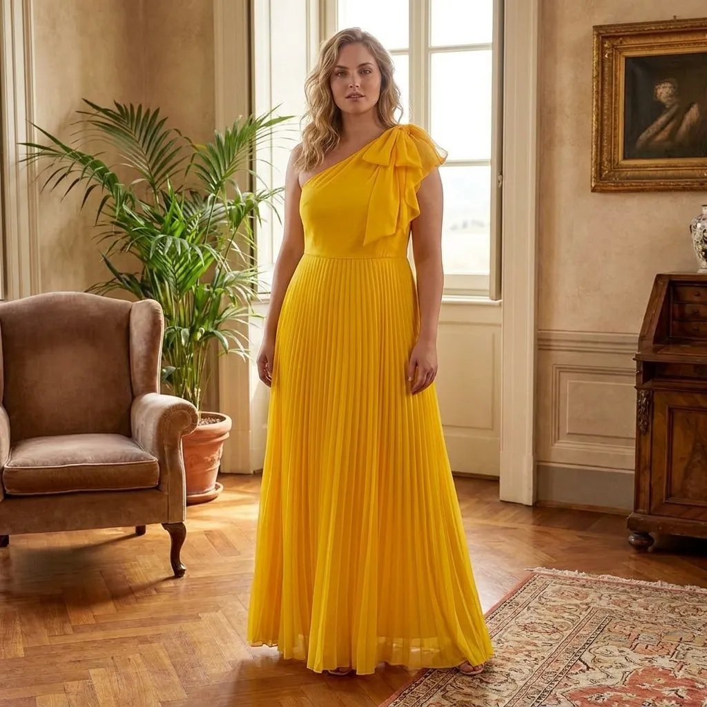 Yellow-one-shoulder-pleated-maxi-dress-with-bow-detail