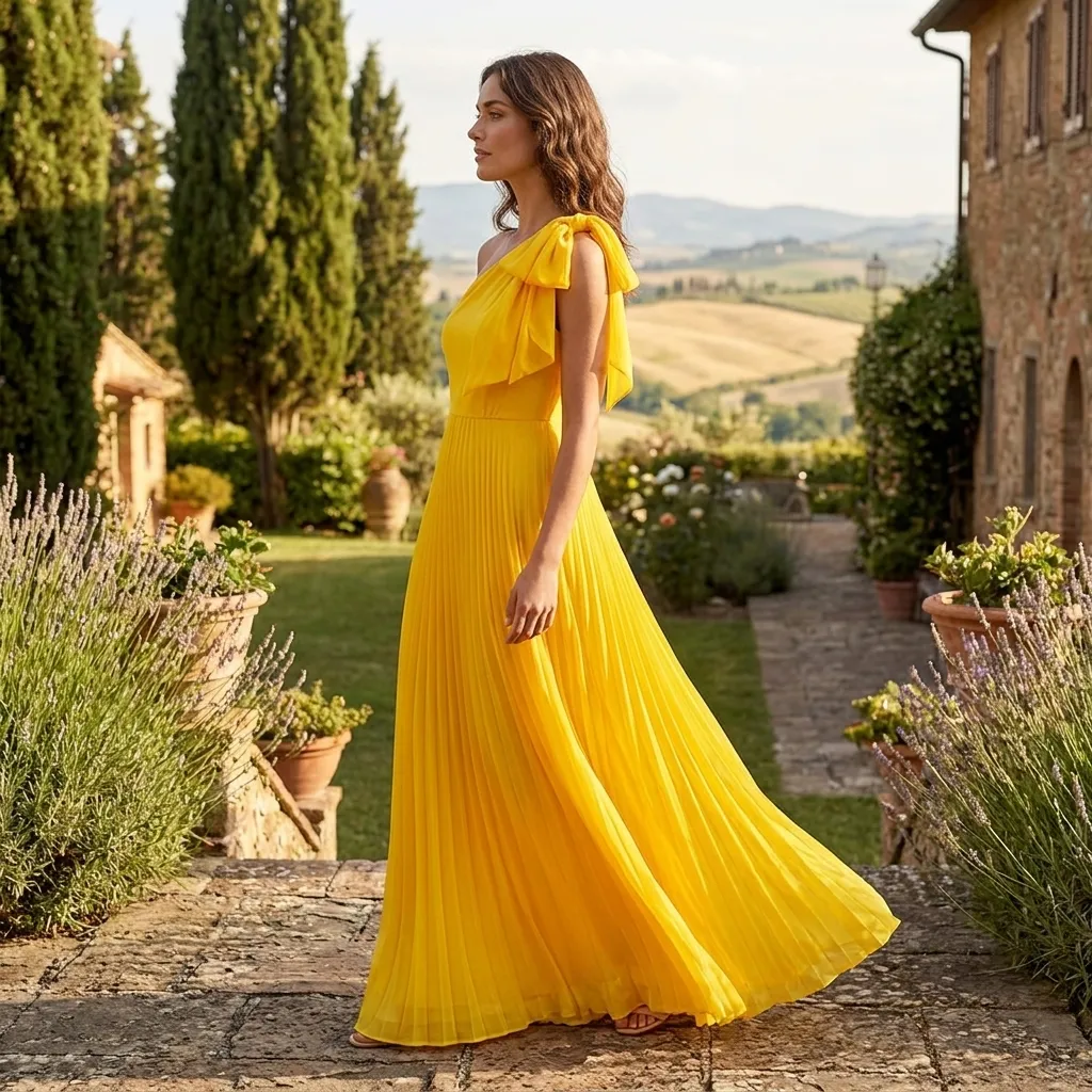 Yellow-one-shoulder-pleated-maxi-dress-with-bow-detail