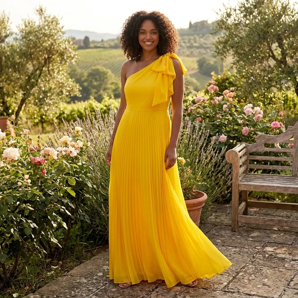 Yellow-one-shoulder-pleated-maxi-dress-with-bow-detail