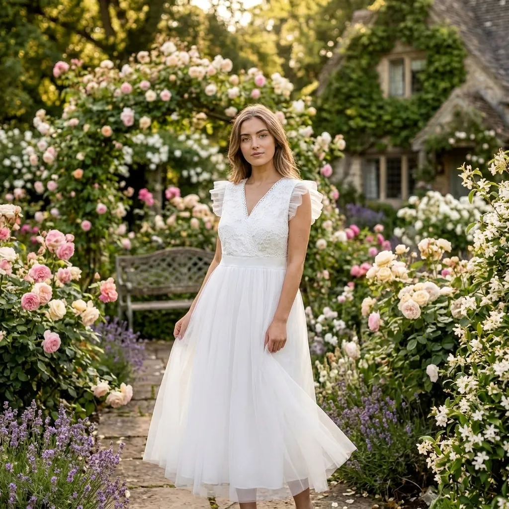 White-v-neck-ruffle-sleeve-maxi-dress-with-lace-bodice-and-flowing-skirt-worn-by-model-in-flower-garden