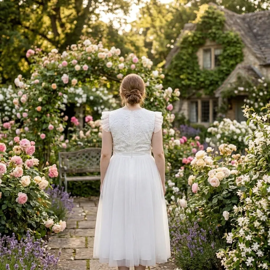 White-v-neck-ruffle-sleeve-maxi-dress-with-lace-bodice-and-flowing-skirt-worn-by-model-in-flower-garden