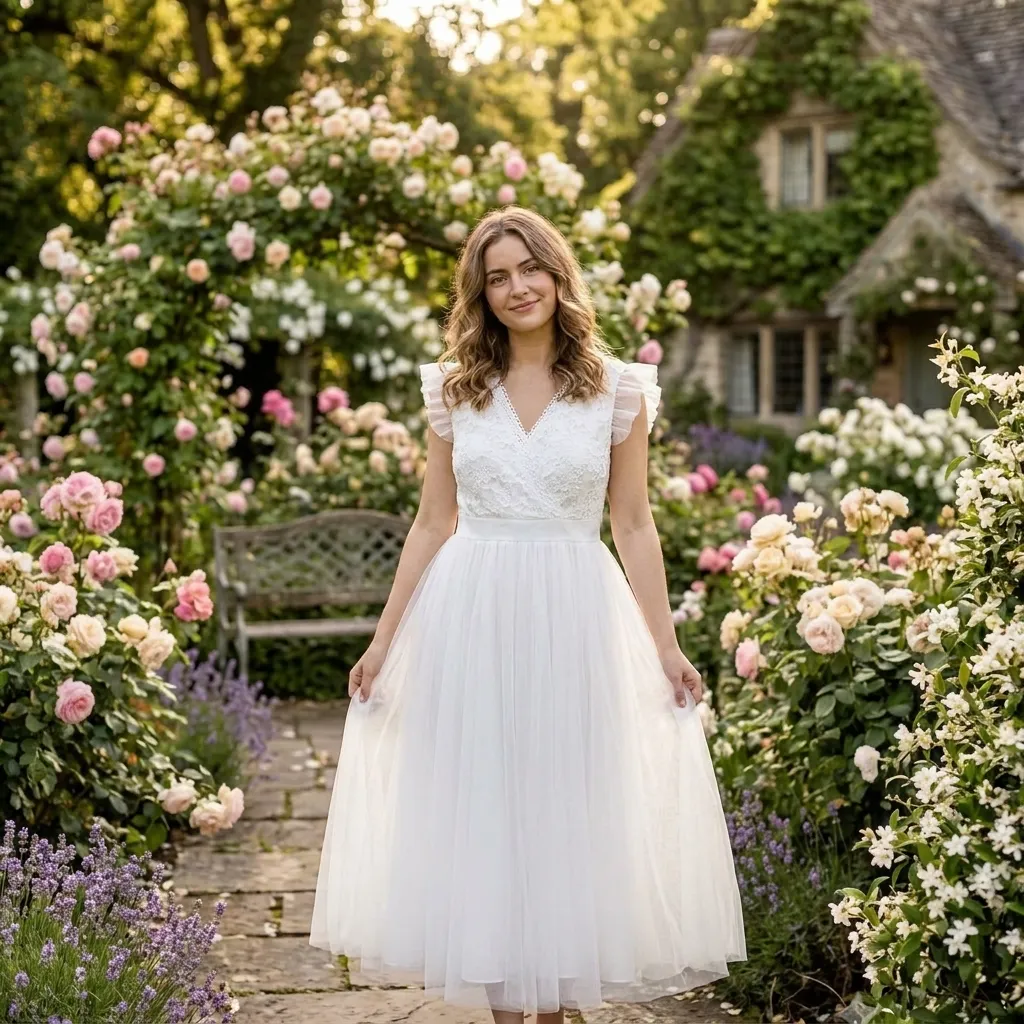 White-v-neck-ruffle-sleeve-maxi-dress-with-lace-bodice-and-flowing-skirt-worn-by-model-in-flower-garden