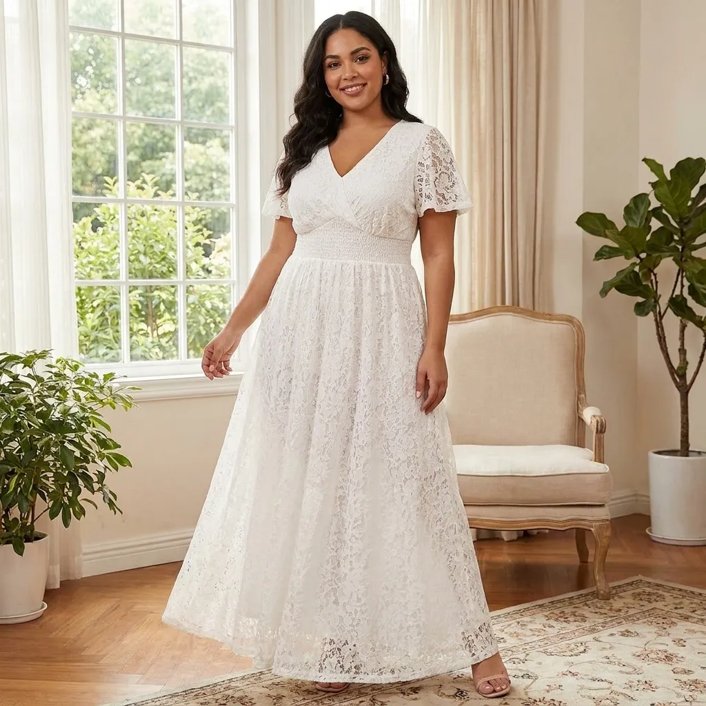 White-v-neck-lace-maxi-dress-with-short-sleeves-and-flared-skirt