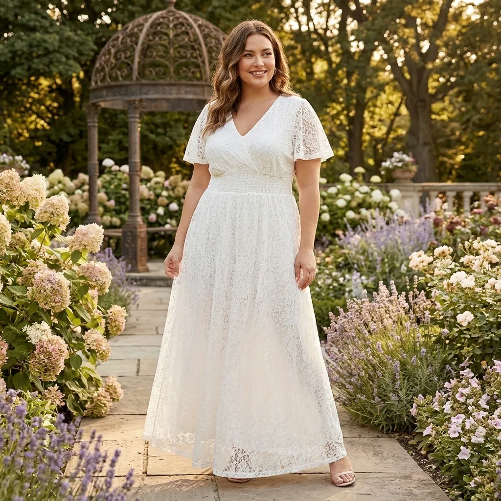 White-v-neck-lace-maxi-dress-with-short-sleeves-and-flared-skirt