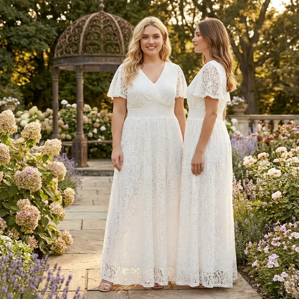 White-v-neck-lace-maxi-dress-with-short-sleeves-and-flared-skirt