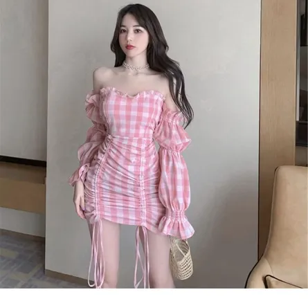 Sweet Pink Gingham Off-Shoulder Ruched Mini Dress
