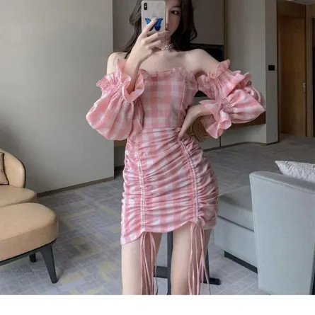 Sweet Pink Gingham Off-Shoulder Ruched Mini Dress - Image 3