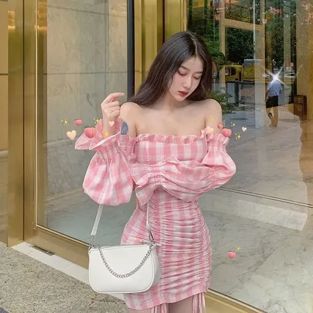 Sweet Pink Gingham Off-Shoulder Ruched Mini Dress - Image 4