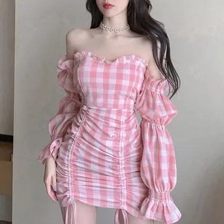 Sweet Pink Gingham Off-Shoulder Ruched Mini Dress - Image 6