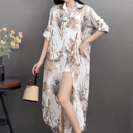 Elegant Floral Print Long Shirt Dress