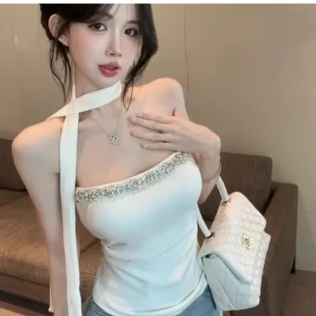 Y2K Rhinestone Trim Strapless Tube Top with Chic Neck Scarf / Choker Detai
