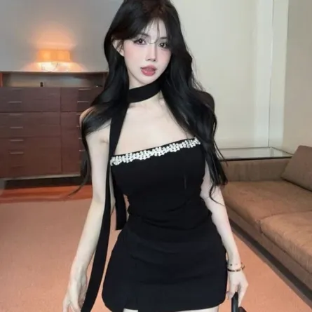Y2K Rhinestone Trim Strapless Tube Top with Chic Neck Scarf / Choker Detai - Image 5