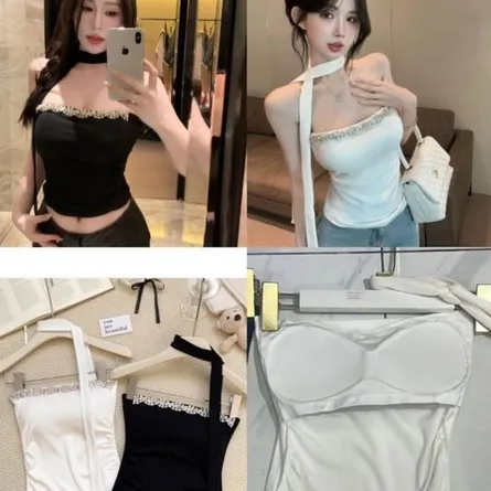 Y2K Rhinestone Trim Strapless Tube Top with Chic Neck Scarf / Choker Detai - Image 6