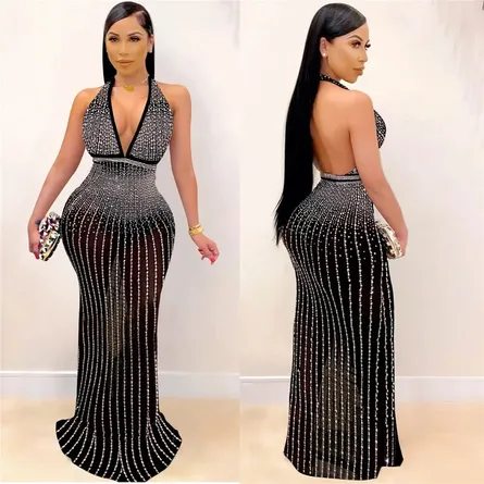 Luxury Diamond Embellished Halter Gown - Black & Silver - Image 3