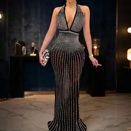 Luxury Diamond Embellished Halter Gown - Black & Silver