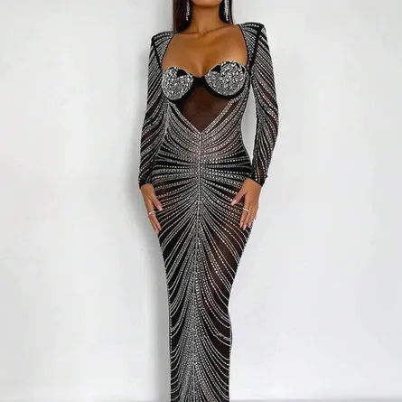 Premium Glamorous Sheer & Crystal Embellished Bodycon Maxi Dress - Image 4