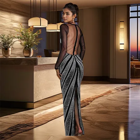 Premium Stunning Rhinestone Embellished Long-Sleeve Evening Maxi Dress - Image 4