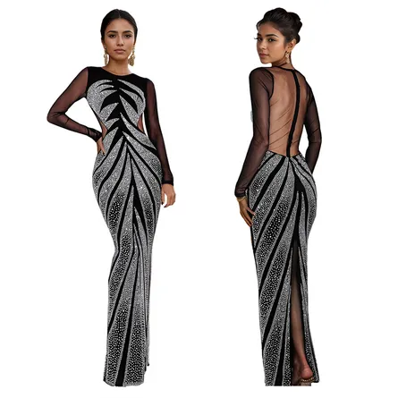 Premium Stunning Rhinestone Embellished Long-Sleeve Evening Maxi Dress - Image 5