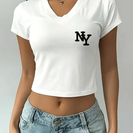 Women's Slim Fit V-Neck "NY" Logo Crop Top - Image 3