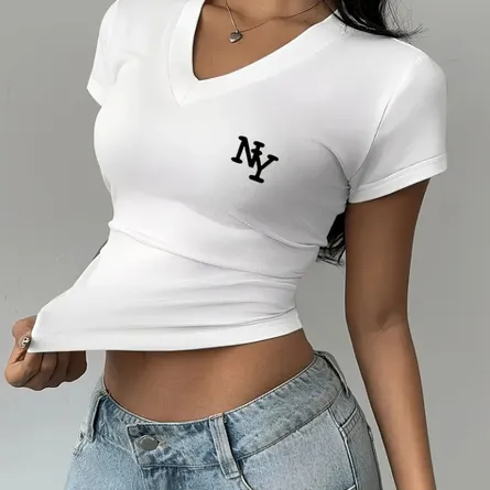 Women's Slim Fit V-Neck "NY" Logo Crop Top