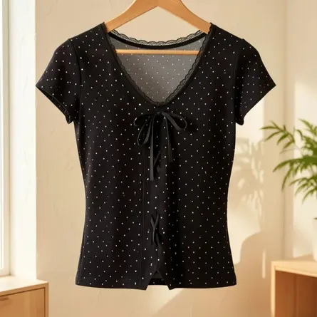 lack Polka-Dot Ribbed Lace-Trim Bow Top - Image 5