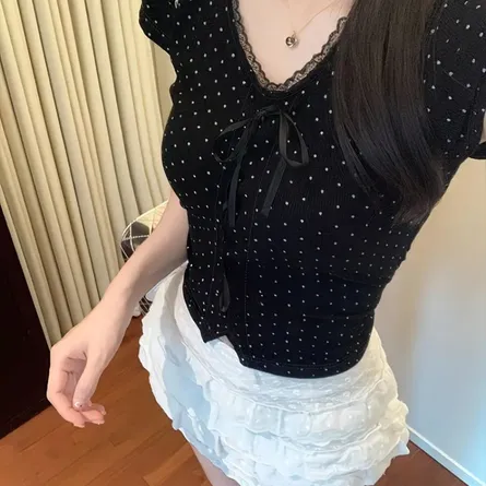 lack Polka-Dot Ribbed Lace-Trim Bow Top - Image 3