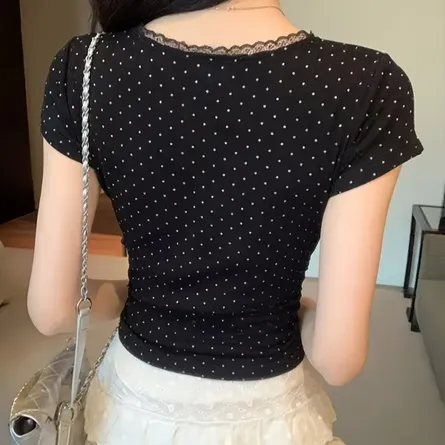 lack Polka-Dot Ribbed Lace-Trim Bow Top - Image 4