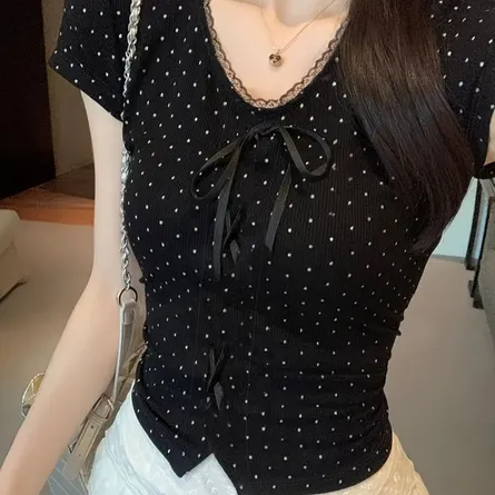 lack Polka-Dot Ribbed Lace-Trim Bow Top